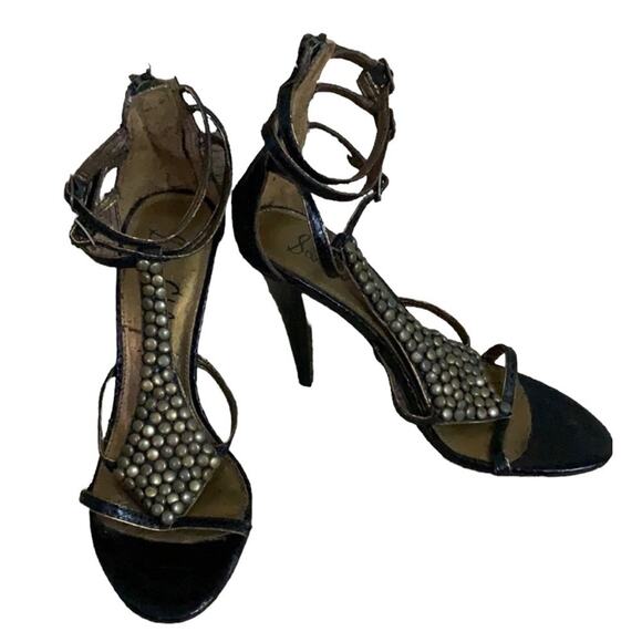 Sam Edelman Nilla Ankle Strap Heels Black Gold Studs Size 7 - Picture 1 of 10